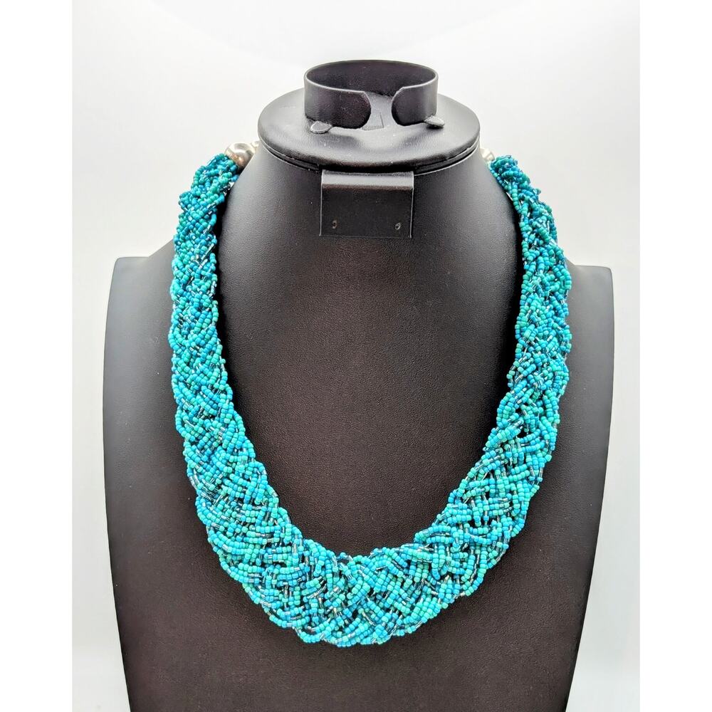 Braided Aqua Seed Bead Wide Collar 19"-22" Necklace